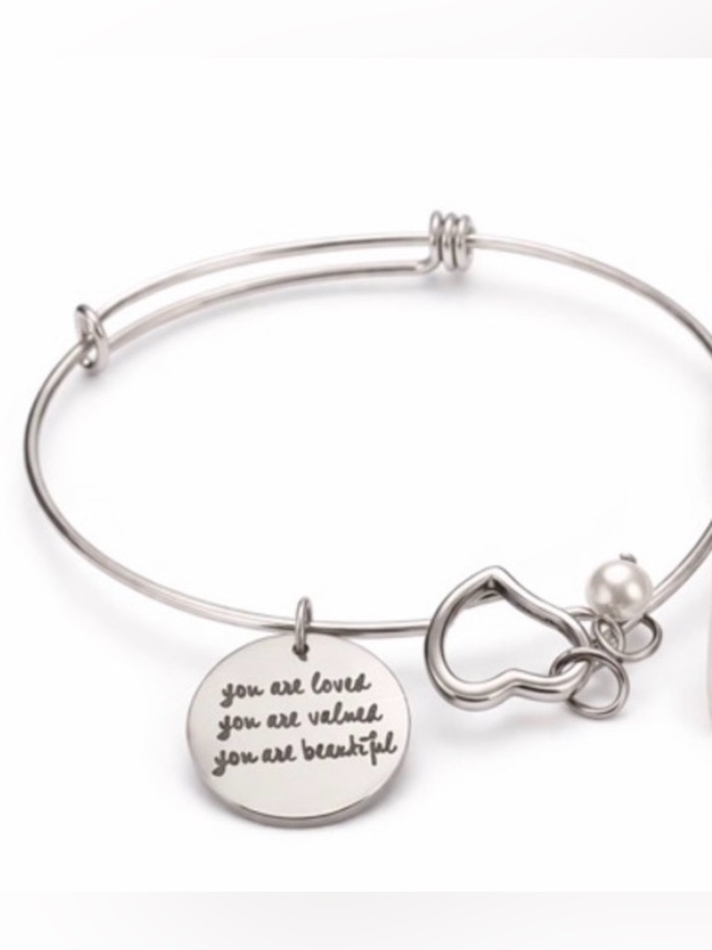 Silver Tone Heart Pearl Inspirational Bangle Bracelet | “You are loved” Quote